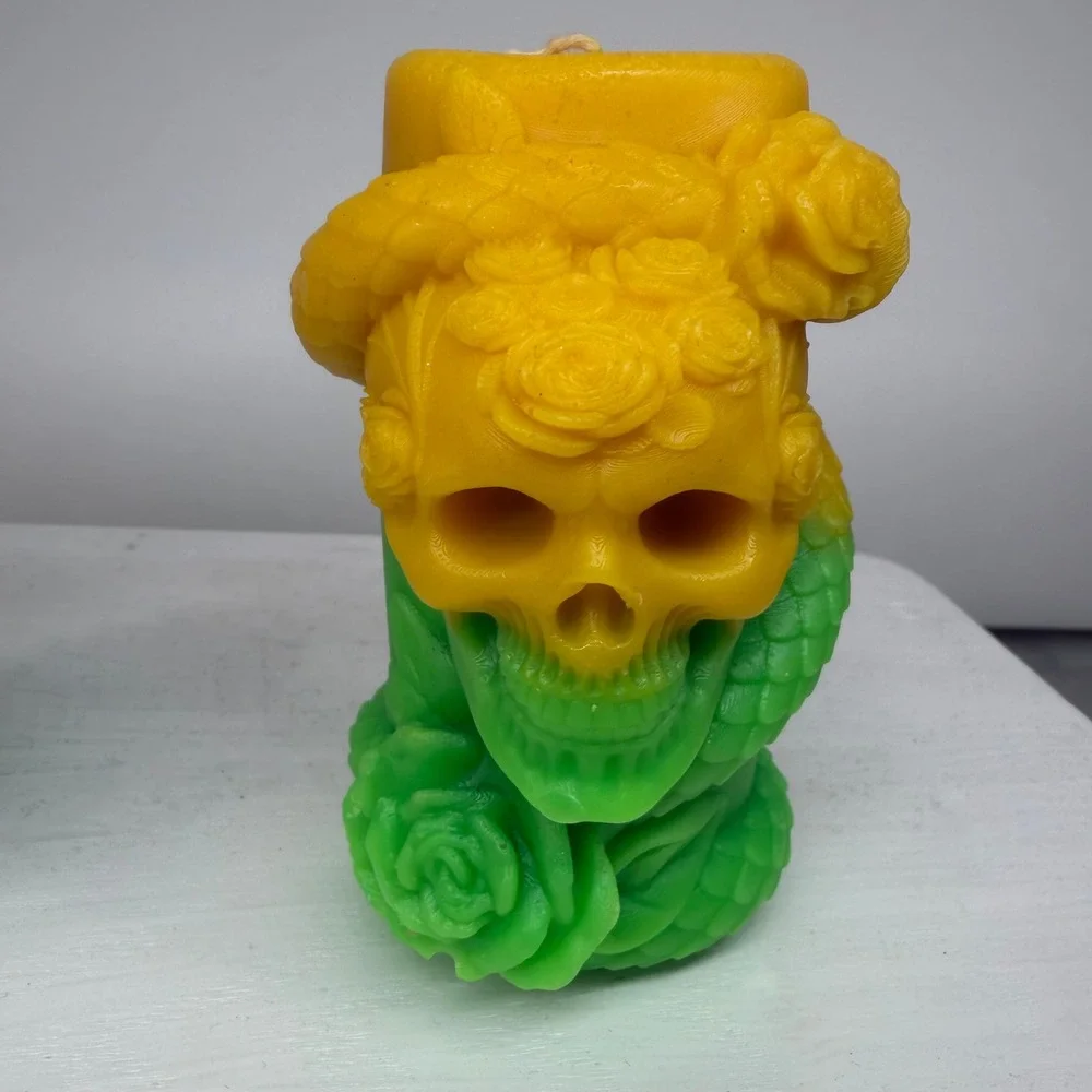 Soy Novelty Candle Set of 3 Bright Red Yellow Green Skull Snake Goth Art Odditiy